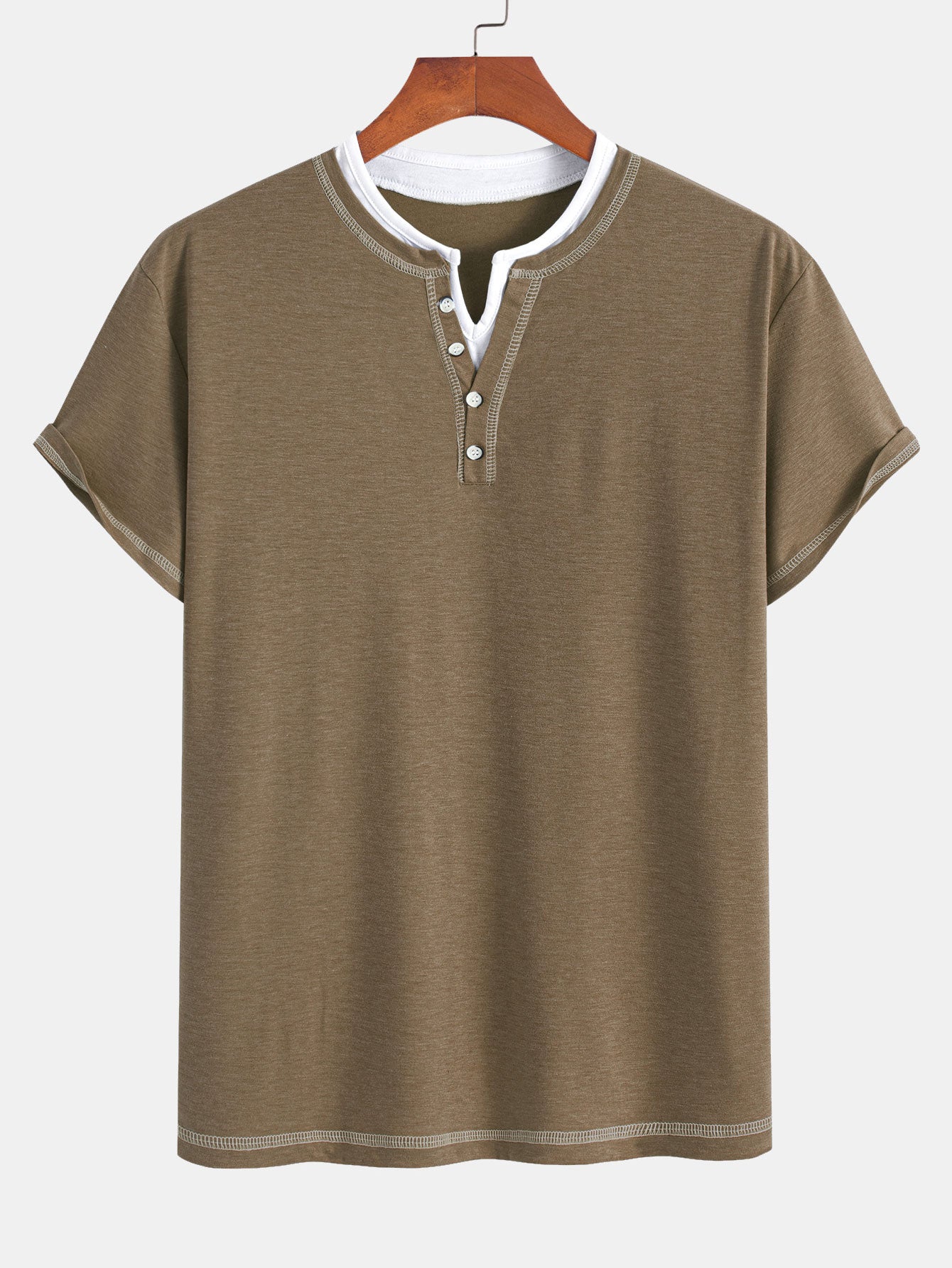 2-in-1 Notched Collar Contrast Stitching T-Shirt