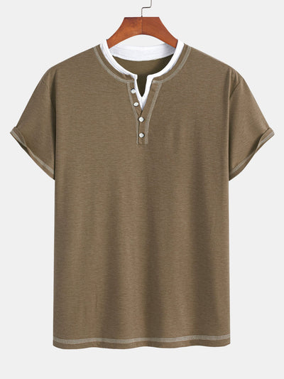 2-in-1 Notched Collar Contrast Stitching T-Shirt