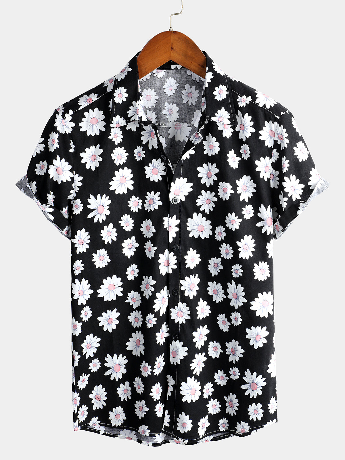 Men's Blue Daisy Floral Summer Button Up Hawaiian Short Sleeve Shirt