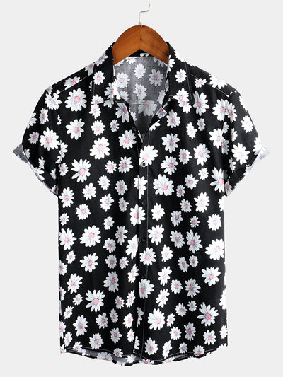 Men's Blue Daisy Floral Summer Button Up Hawaiian Short Sleeve Shirt
