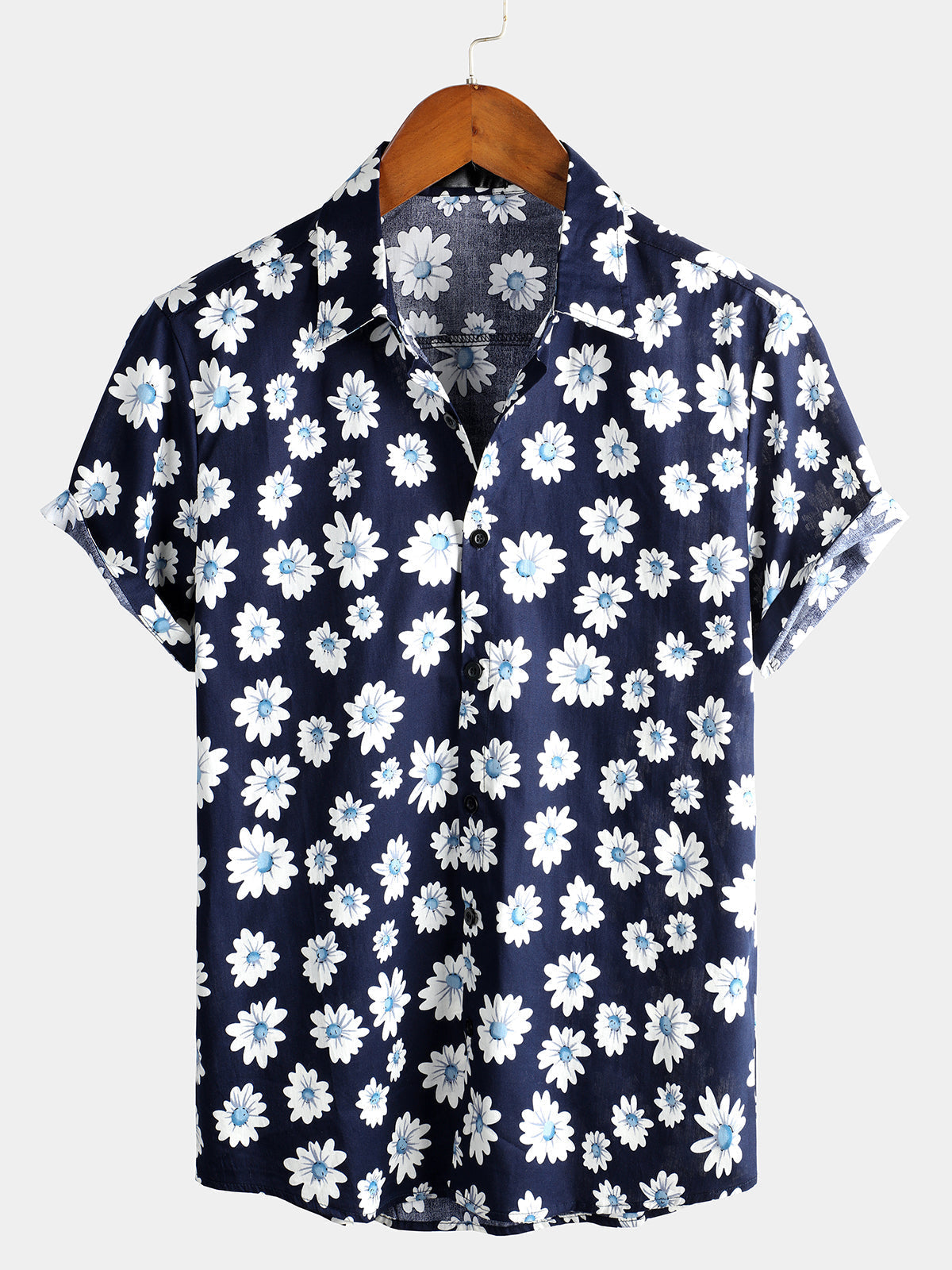 Men's Blue Daisy Floral Summer Button Up Hawaiian Short Sleeve Shirt