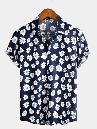 Men's Blue Daisy Floral Summer Button Up Hawaiian Short Sleeve Shirt