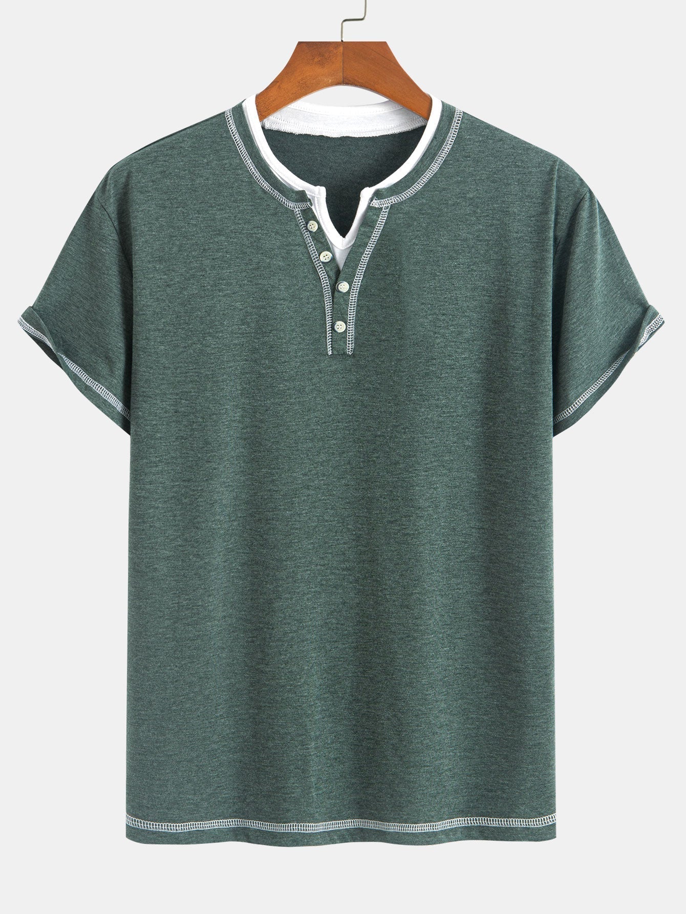 2-in-1 Notched Collar Contrast Stitching T-Shirt