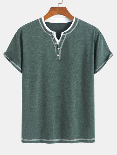 2-in-1 Notched Collar Contrast Stitching T-Shirt