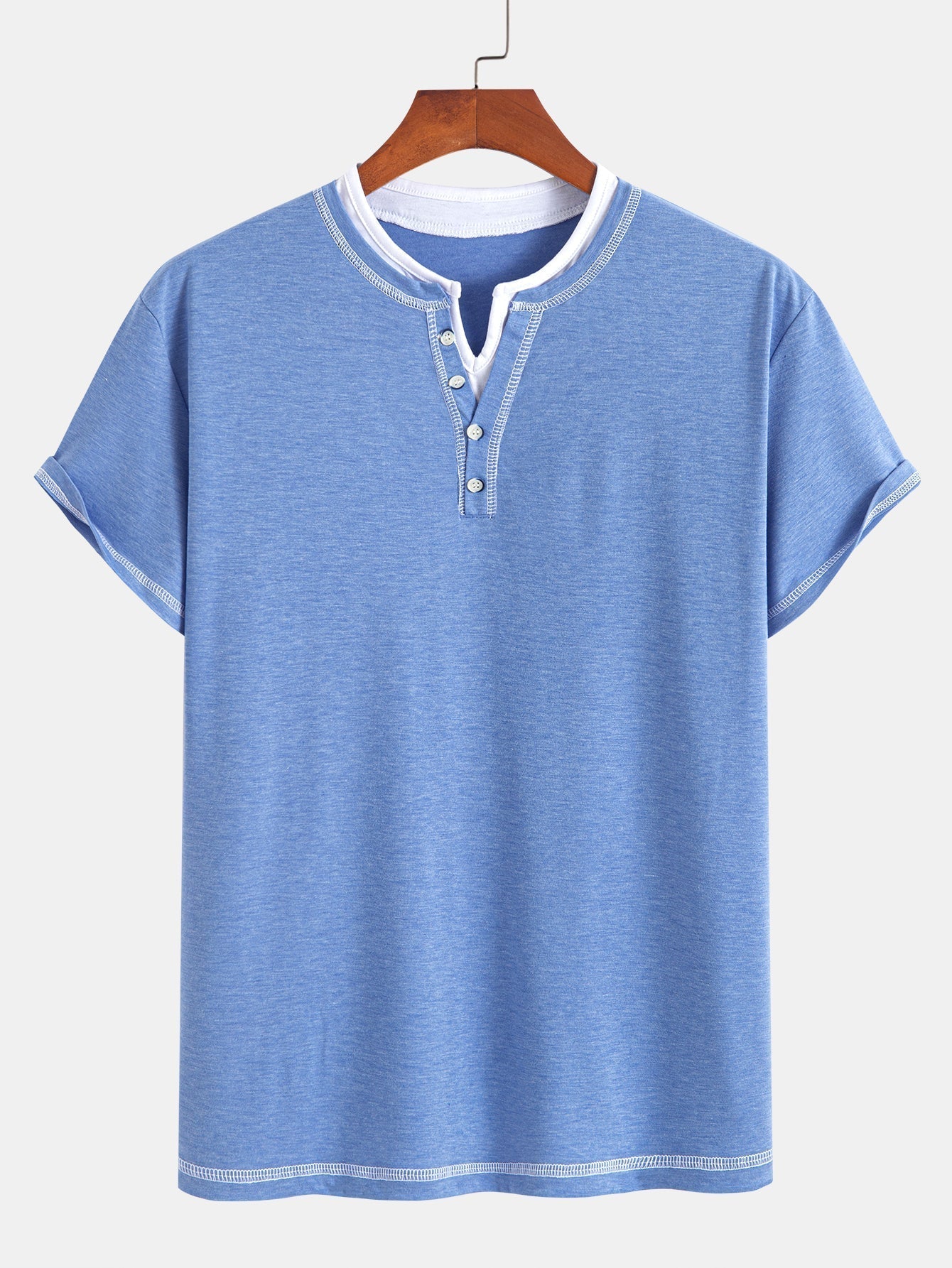 2-in-1 Notched Collar Contrast Stitching T-Shirt