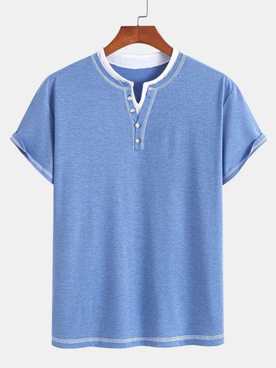 2-in-1 Notched Collar Contrast Stitching T-Shirt
