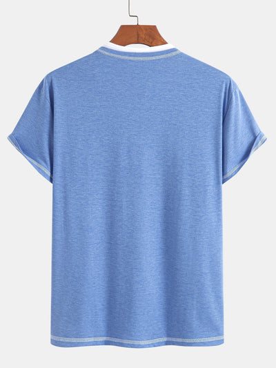 2-in-1 Notched Collar Contrast Stitching T-Shirt
