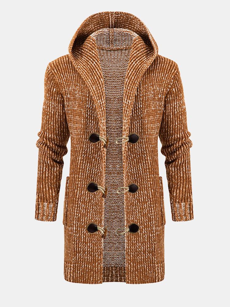 Long Line Horn Buckle Hooded Knitted Cardigan