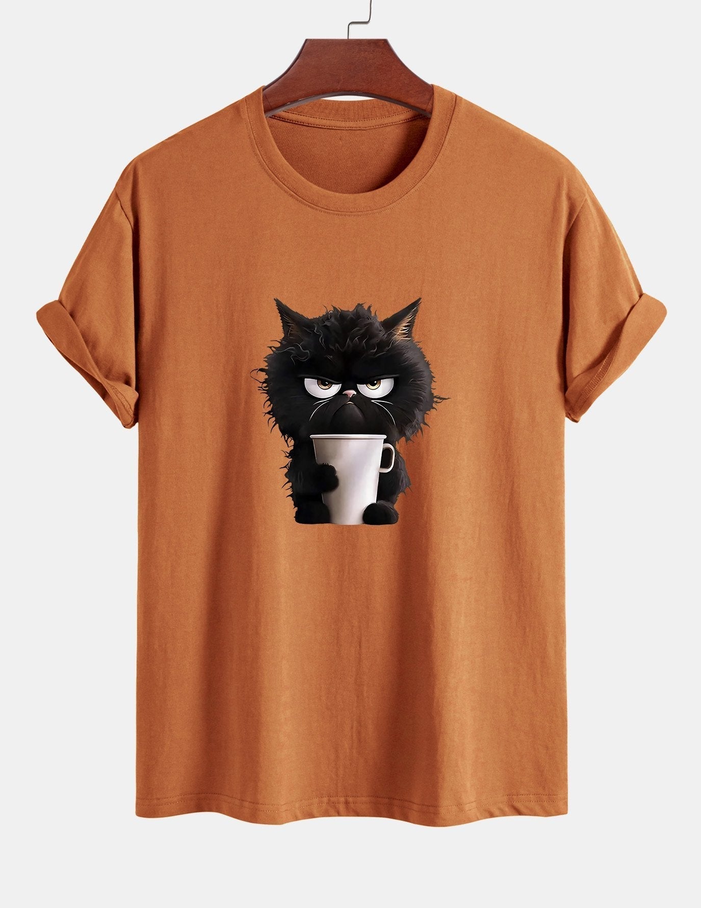 Regular Fit Black Cat Drinking Coffee Print Cotton T-Shirt