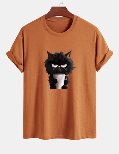 Regular Fit Black Cat Drinking Coffee Print Cotton T-Shirt