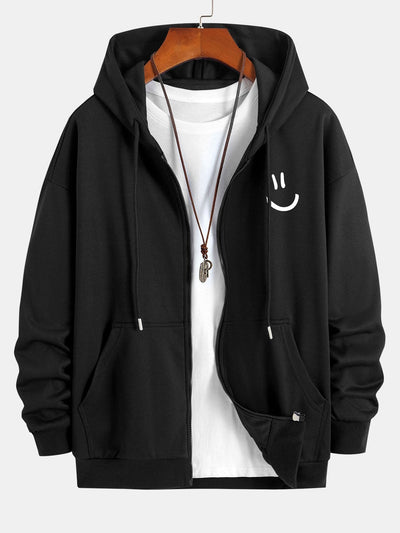 Smiley Face Print Relax Fit Zip Hoodie