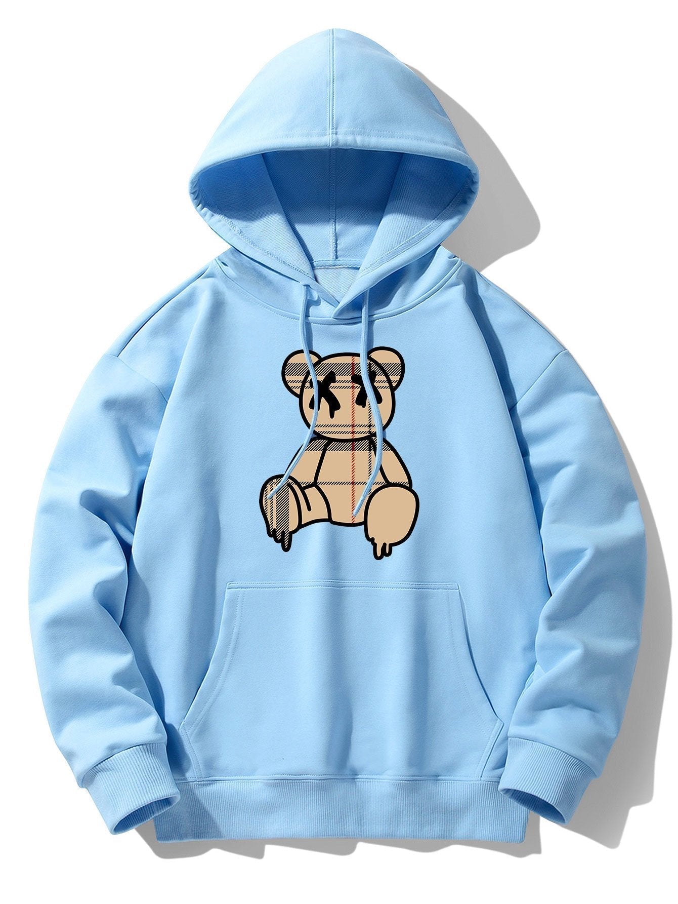 Plaid Pattern Dissolving Bear Print Drop Shoulder Relaxed Hoodie