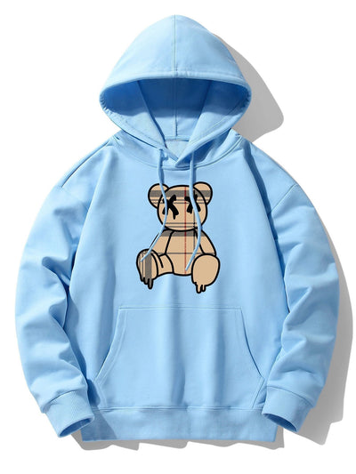 Plaid Pattern Dissolving Bear Print Drop Shoulder Relaxed Hoodie