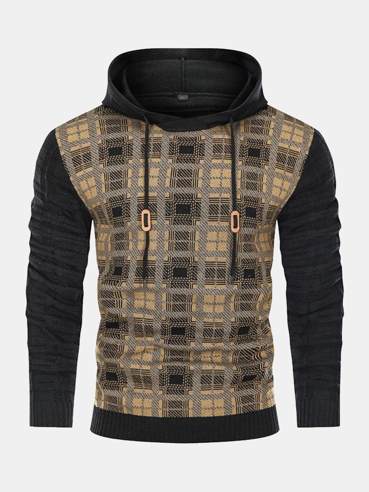 Slim Fit Knitted Plaid Paneled Hooded Sweater