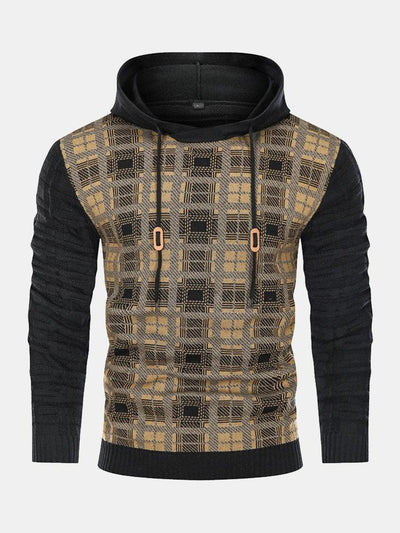 Slim Fit Knitted Plaid Paneled Hooded Sweater