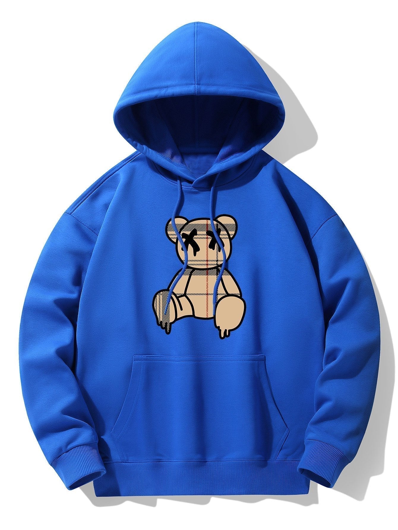Plaid Pattern Dissolving Bear Print Drop Shoulder Relaxed Hoodie