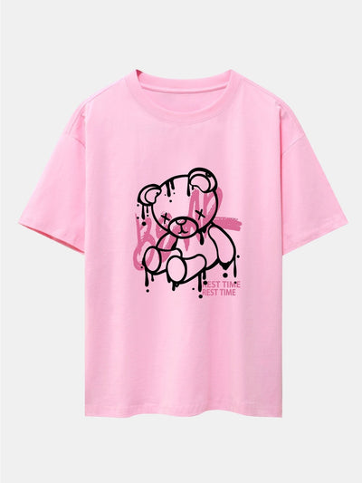 Dissolving Bear Print Drop Shoulder Oversize T-Shirt
