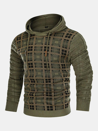 Slim Fit Knitted Plaid Paneled Hooded Sweater