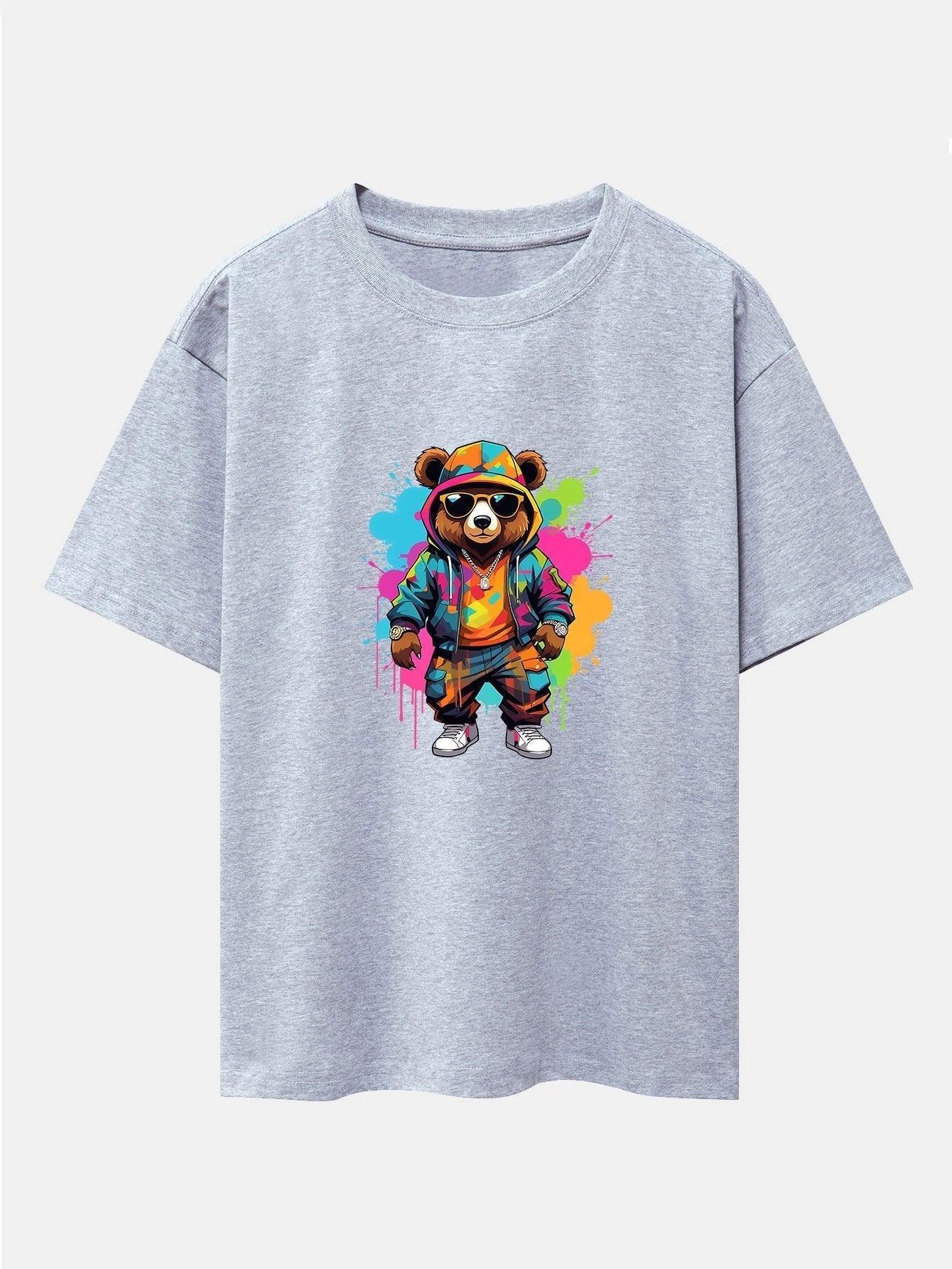 Graffiti Bear Print Drop Shoulder Oversize T-Shirt