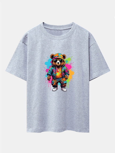 Graffiti Bear Print Drop Shoulder Oversize T-Shirt