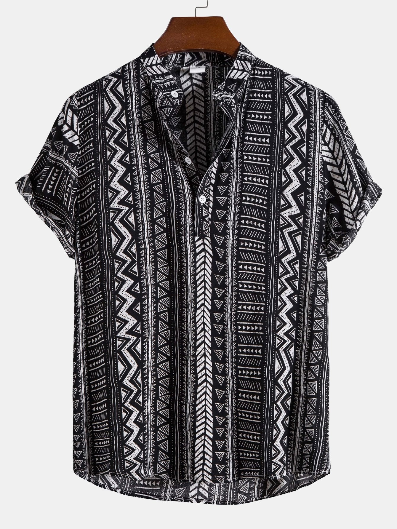 Tribal Geometric Print Half Placket Henley Collar Shirt