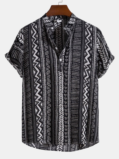 Tribal Geometric Print Half Placket Henley Collar Shirt