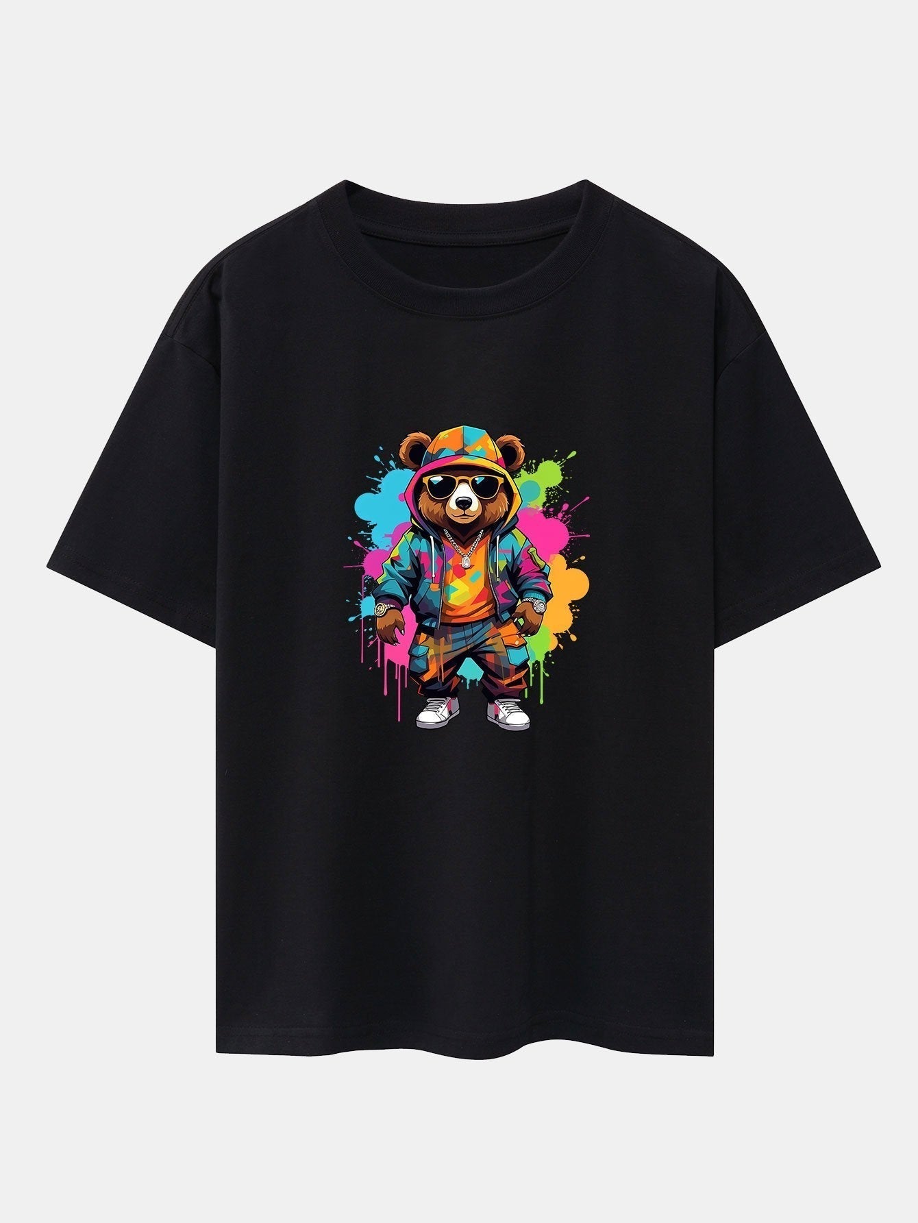 Graffiti Bear Print Drop Shoulder Oversize T-Shirt