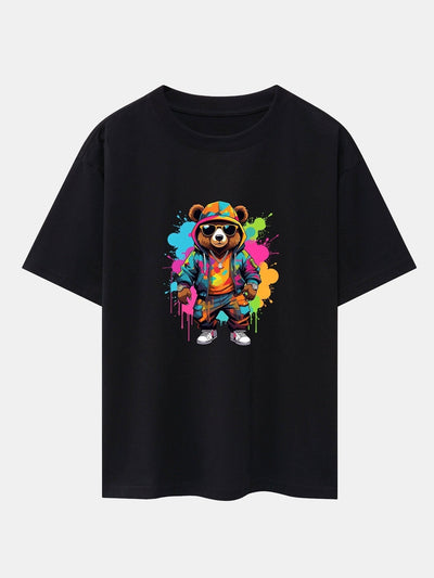 Graffiti Bear Print Drop Shoulder Oversize T-Shirt