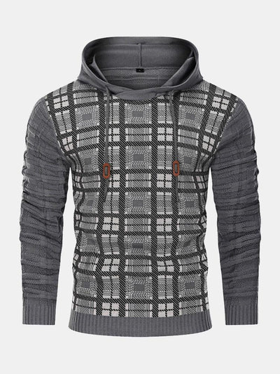 Slim Fit Knitted Plaid Paneled Hooded Sweater