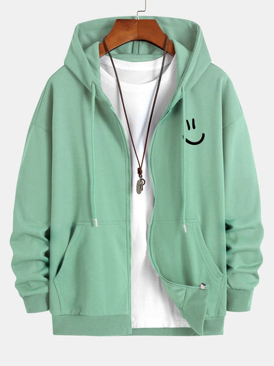 Smiley Face Print Relax Fit Zip Hoodie