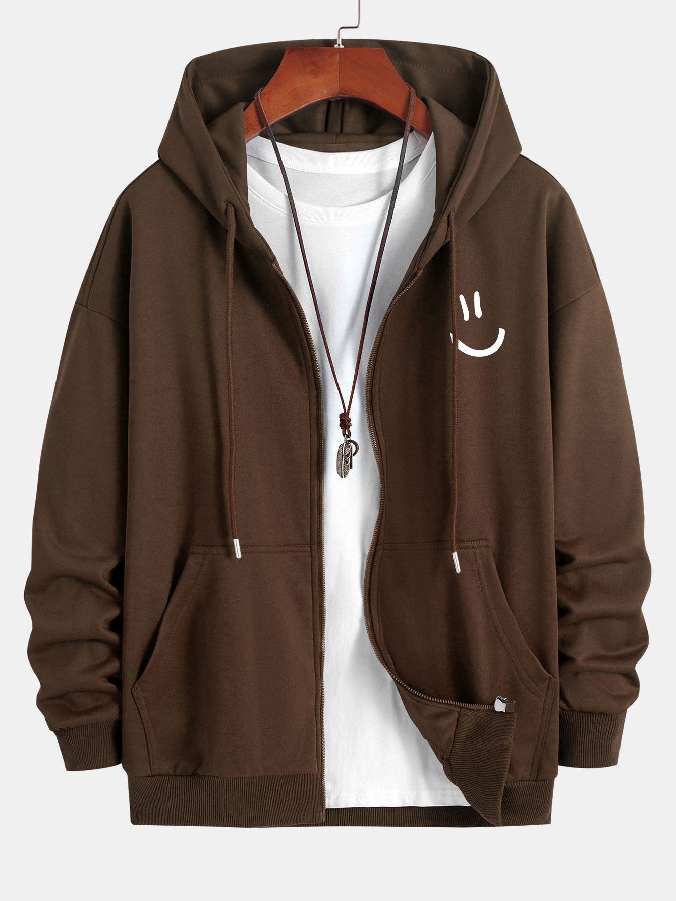 Smiley Face Print Relax Fit Zip Hoodie