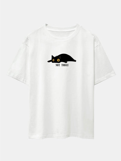 Not Today Black Cat Print Drop Shoulder Oversize T-Shirt