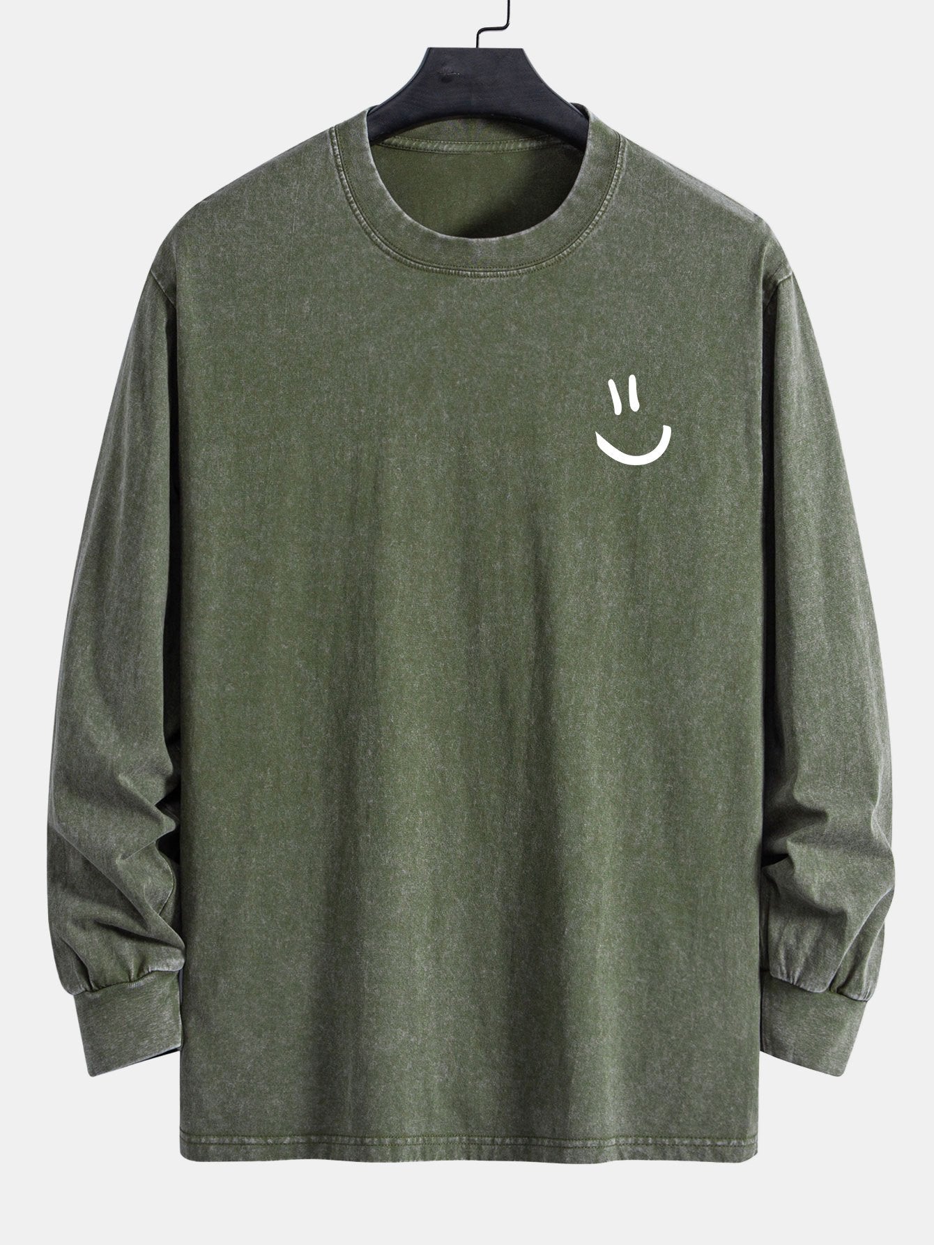 Smiley Face Print Relax Fit Long Sleeve Washed Distressed T-Shirt