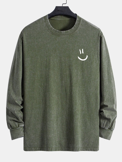 Smiley Face Print Relax Fit Long Sleeve Washed Distressed T-Shirt