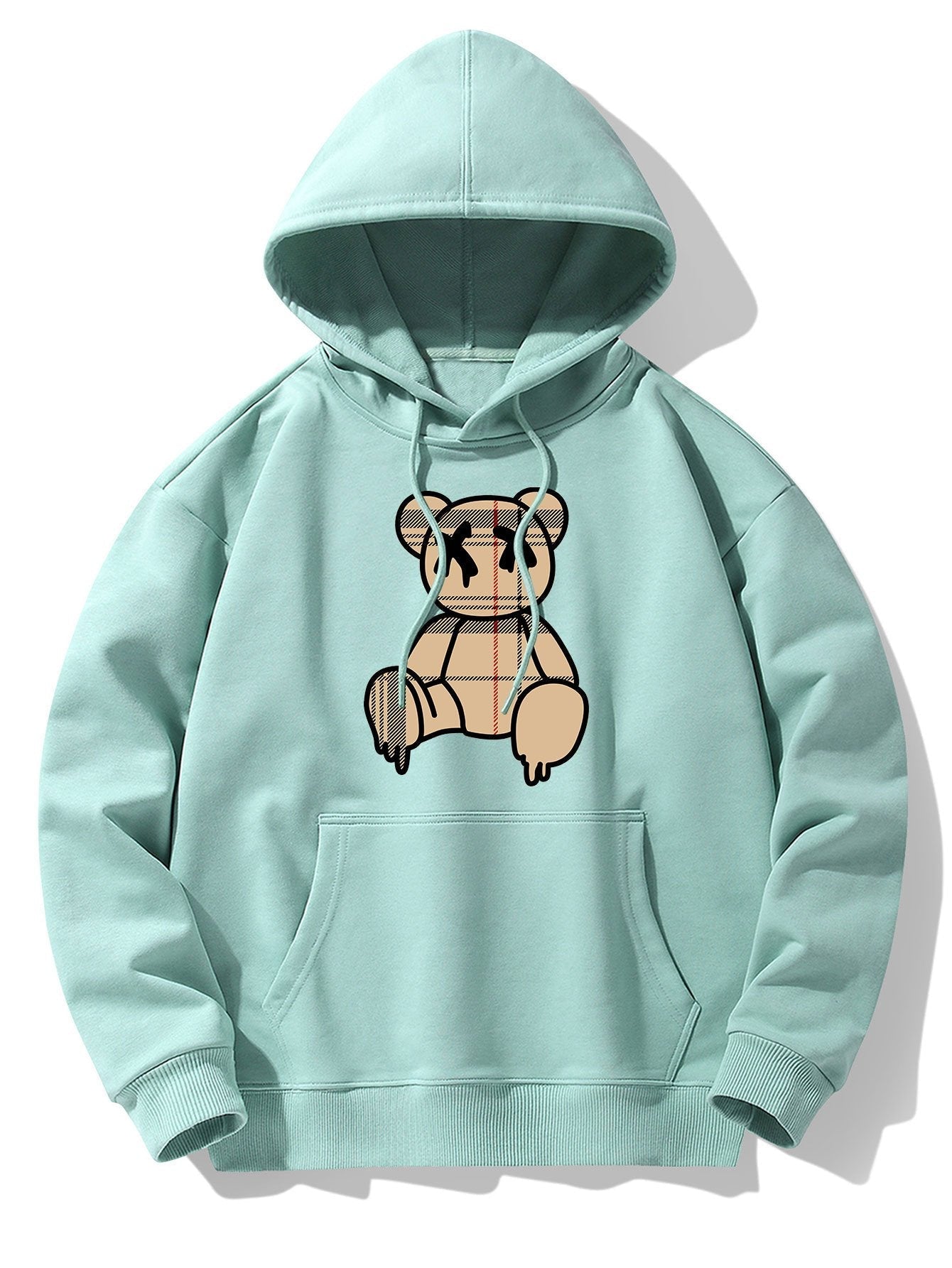 Plaid Pattern Dissolving Bear Print Drop Shoulder Relaxed Hoodie