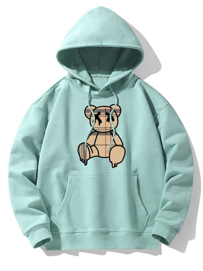 Plaid Pattern Dissolving Bear Print Drop Shoulder Relaxed Hoodie