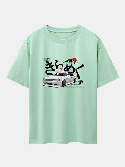 Tokyo Mt. Fuji Car Print Drop Shoulder Oversize T-Shirt