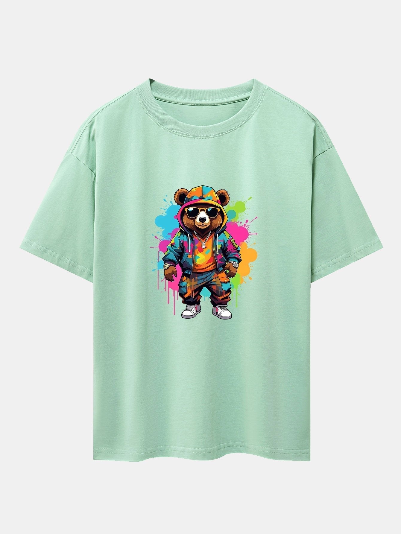 Graffiti Bear Print Drop Shoulder Oversize T-Shirt