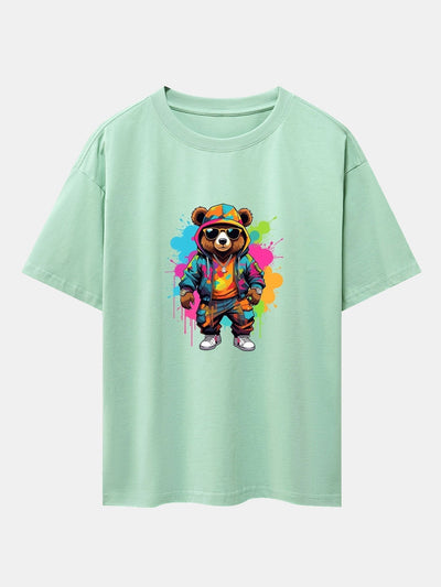 Graffiti Bear Print Drop Shoulder Oversize T-Shirt