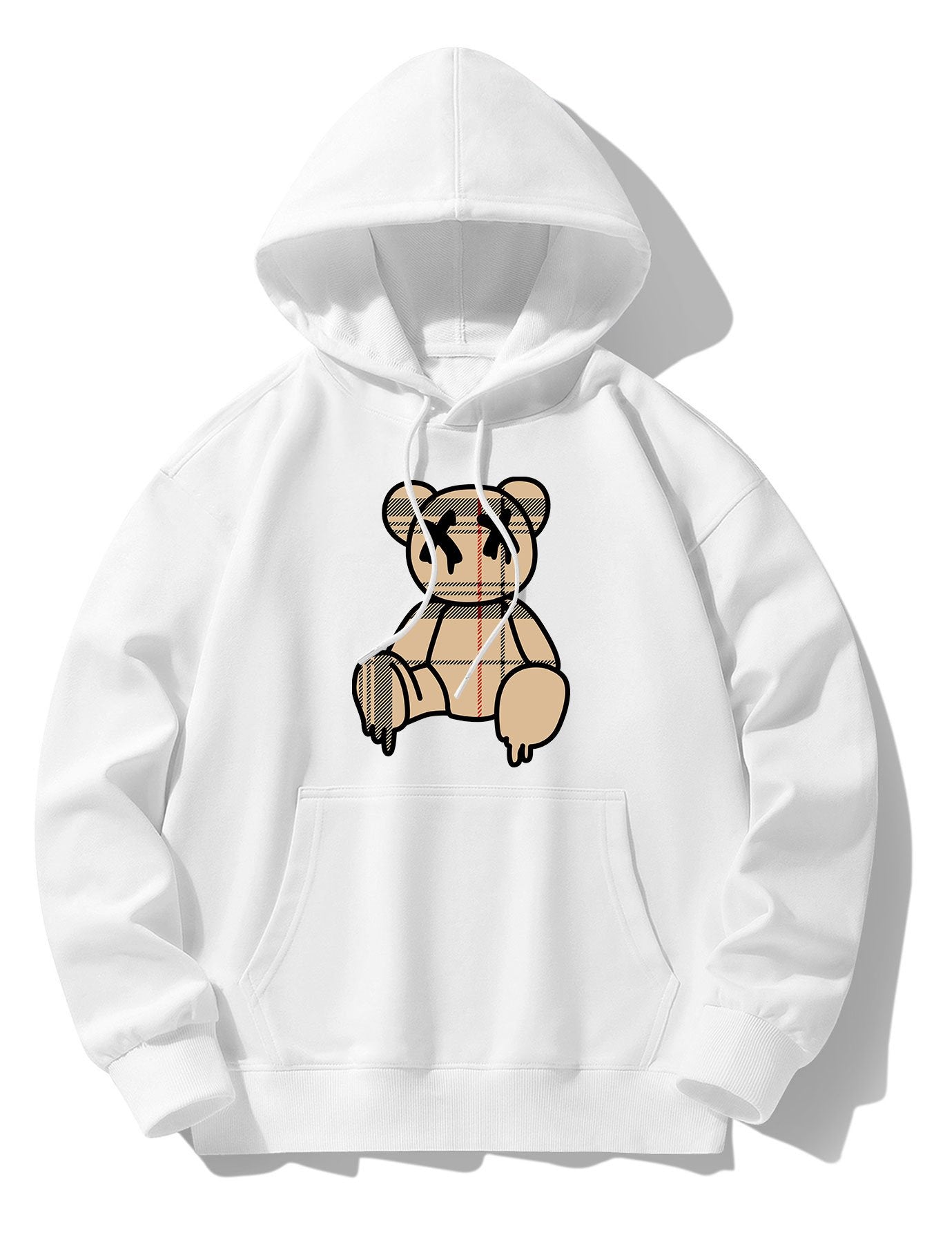 Plaid Pattern Dissolving Bear Print Drop Shoulder Relaxed Hoodie