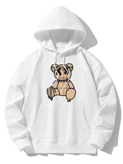 Plaid Pattern Dissolving Bear Print Drop Shoulder Relaxed Hoodie