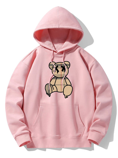 Plaid Pattern Dissolving Bear Print Drop Shoulder Relaxed Hoodie