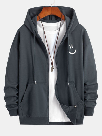 Smiley Face Print Relax Fit Zip Hoodie