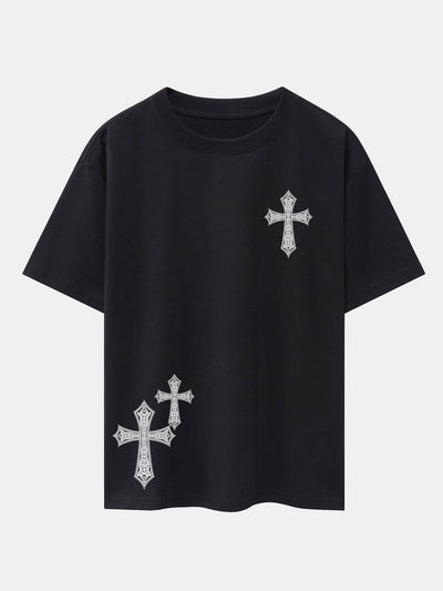 Ornamental Cross Print Drop Shoulder Oversize T-Shirt