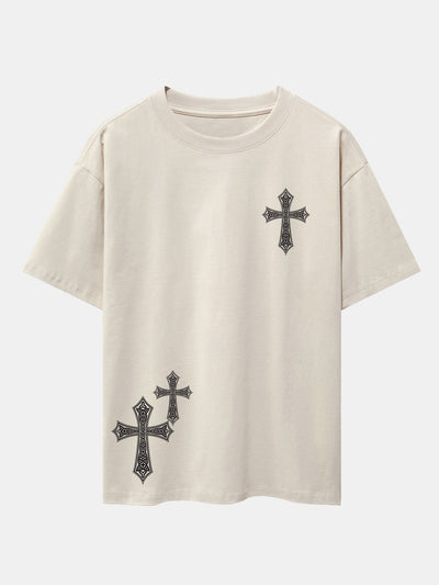 Ornamental Cross Print Drop Shoulder Oversize T-Shirt