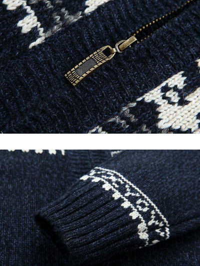 Christmas Geometric Print Zip Up Sweater