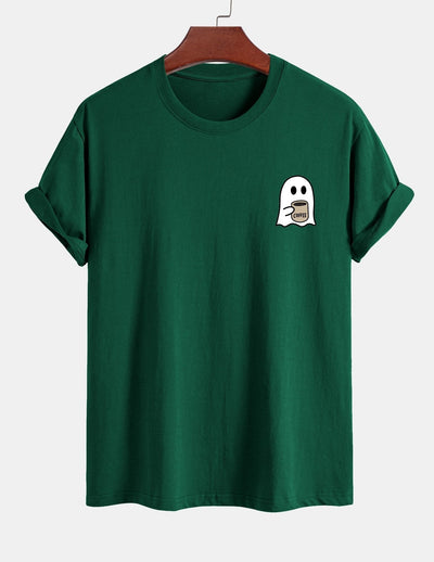Regular Fit Ghost Drinking Coffee Print Cotton T-Shirt