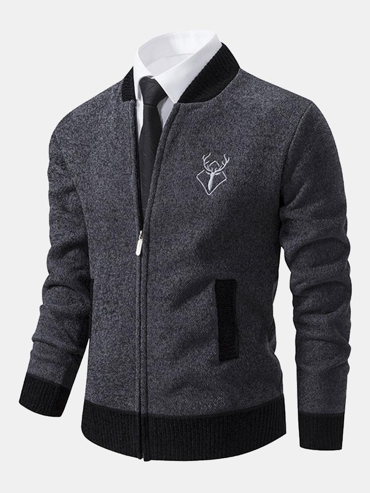 Elk Embroidered Contrast Baseball Collar Sweater