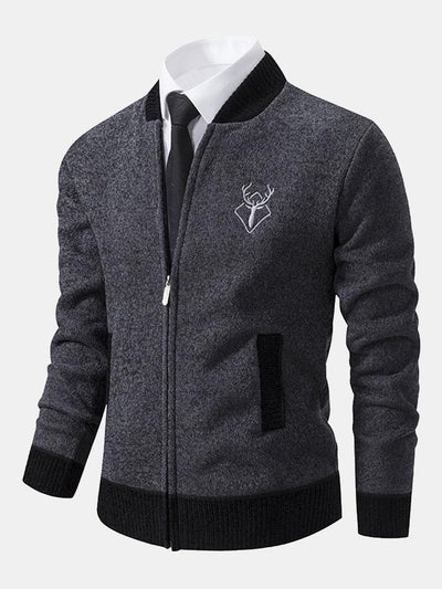 Elk Embroidered Contrast Baseball Collar Sweater