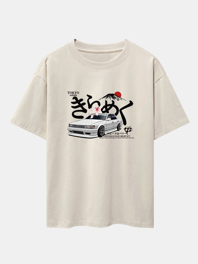 Tokyo Mt. Fuji Car Print Drop Shoulder Oversize T-Shirt